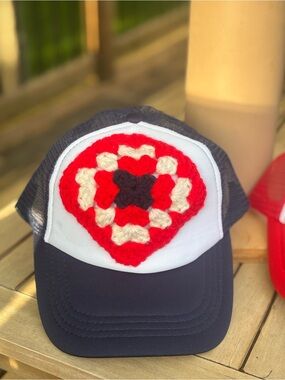 Navy Trucker Hat with Red & Cream Crochet Patch